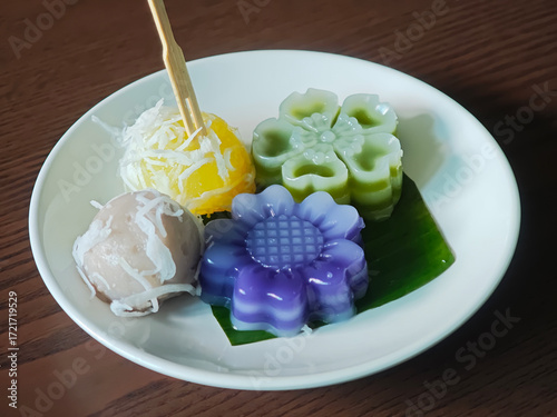 Thai desserts on a wooden table