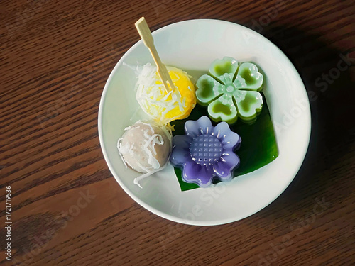 Thai desserts on a wooden table