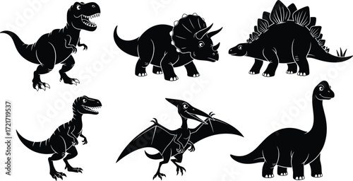 Dinosaur illustration set, T. rex, Triceratops, Stegosaurus, Velociraptor, Pteranodon, Brachiosaurus, prehistoric animals, fossils, black and white design