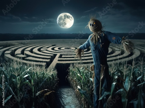 A scarecrow stands guard near a corn maze under a full moon at night.
