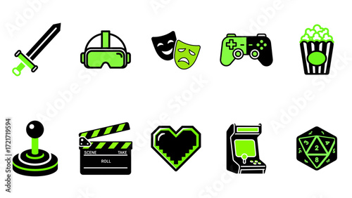 Gaming and entertainment icon set with a vibrant green and black color palette.