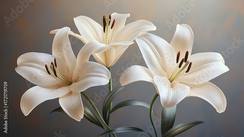Three elegant cream-colored lilies in a close-up, detailed studio shot, against a soft, muted background.