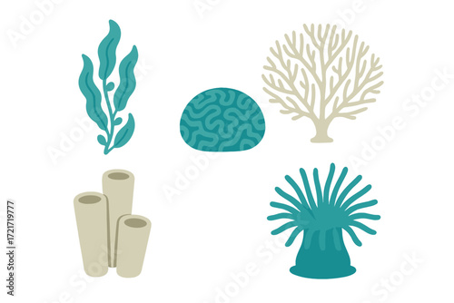 Stylized collection of diverse underwater marine plants and coral reef elements for ocean ecosystem designs