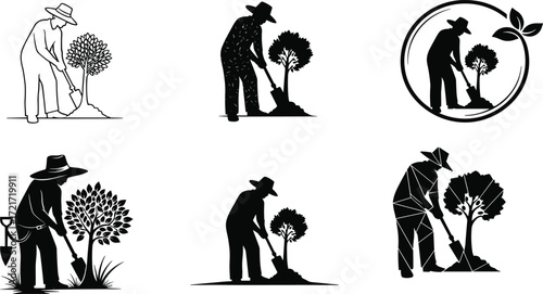 Tree planting, environmental care, gardening illustration, shovel work, nature conservation, eco-friendly activity, reforestation, sustainability, black and white, silhouette art
