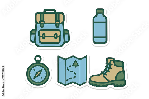 Essential outdoor adventure hiking and camping equipment set featuring map compass backpack boot and water bottle