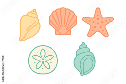 Assortment of vibrant marine life elements including various seashells and a starfish in a modern graphic design