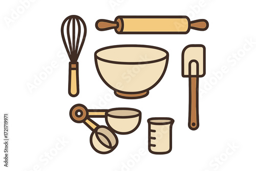 Essential kitchen tools for baking and food preparation including whisk, bowl, rolling pin, and measuring cups