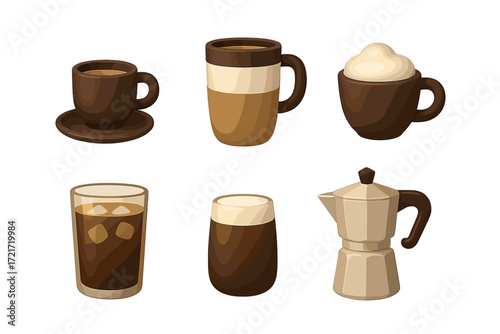 Diverse selection of coffee beverages and brewing tools featuring espresso, latte, iced coffee, and a moka pot