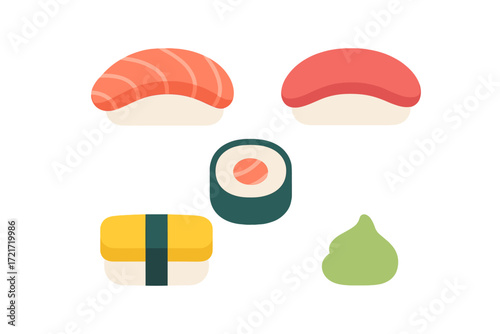 Variety of fresh Japanese sushi pieces including nigiri, maki, and a dollop of green wasabi for Asian cuisine and restaurant menus