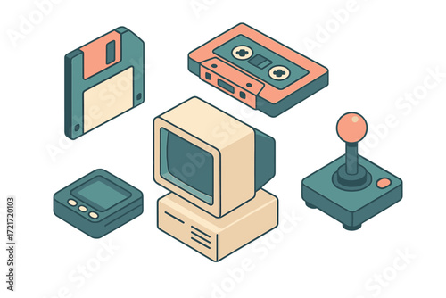 Isometric retro technology devices: floppy disk, cassette, monitor, handheld game, and joystick from the 80s and 90s