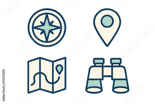 Essential travel and navigation icons set featuring a compass, map, location pin, and binoculars