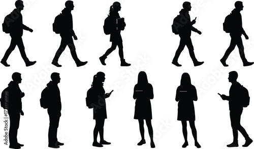 Urban silhouettes of diverse people walking, standing, using smartphones, backpacks, students, commuters, daily life, modern lifestyle, city behavior