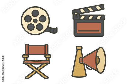 Essential cinema production equipment including film reel, clapperboard, director chair, and megaphone for movie making