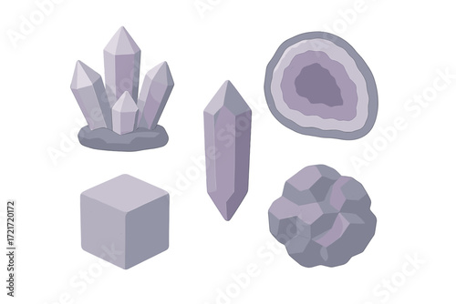 Stylized collection of various mineral formations including faceted crystals, raw stones, and a cut geode