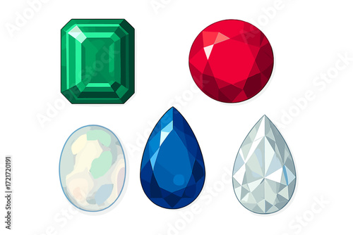 Assortment of precious jewels in various cuts and colors including emerald ruby sapphire diamond and opal