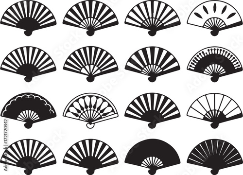 Hand Fans Collection Decorative Asian Japanese Chinese Style Vector Graphics