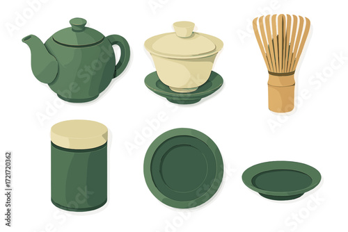 Collection of traditional Japanese tea ceremony utensils and serving ware in a modern paper cut style