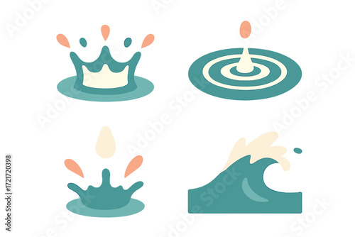 Collection of stylized water elements including splashes, ripples, and a dynamic ocean wave with falling drops