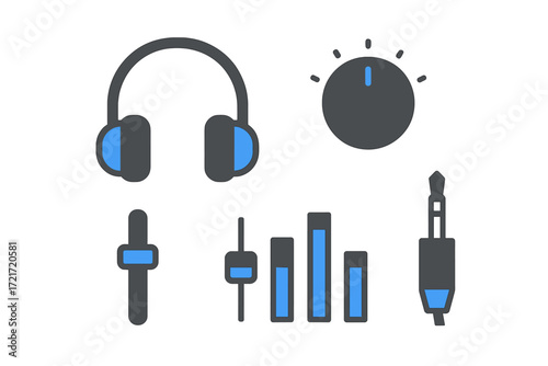 Modern audio equipment icons set with headphones, volume control knob, sound faders, equalizer, and audio jack