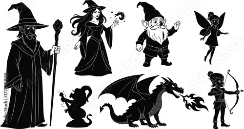Fantasy character illustration set, wizard, witch, gnome, fairy, mouse, dragon, elf archer, folklore, mythology, black and white design