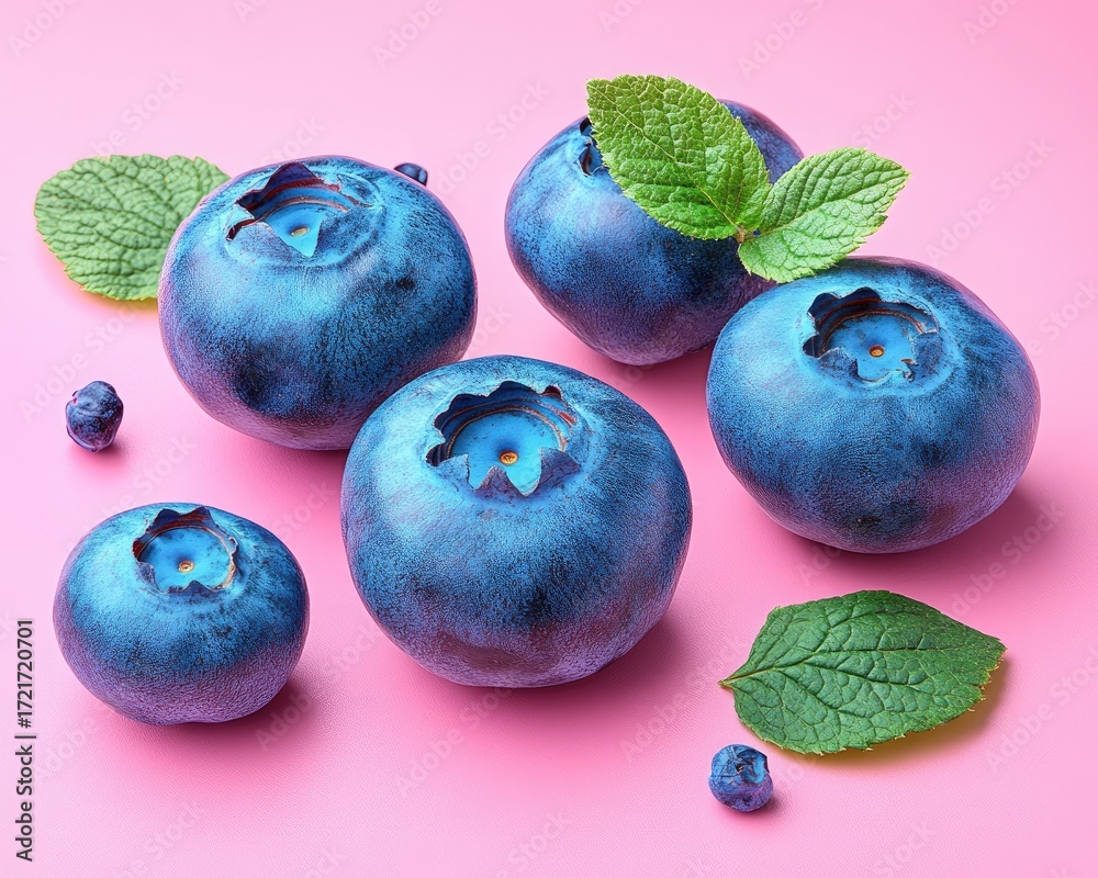 Obraz premium Blueberries and mint leaves are placed on pink background surface. This image good for food content to show fresh and healthy fruits.