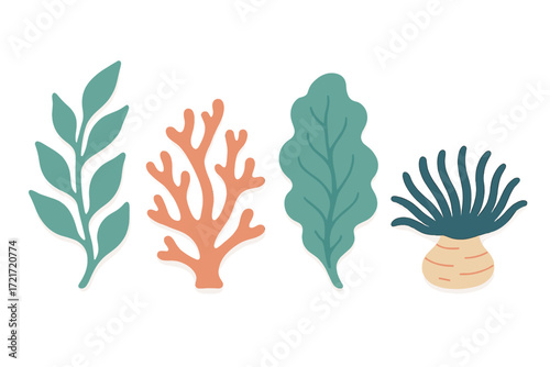 Collection of stylized marine plants, coral, and sea anemone elements in a flat graphic style on a clean white background for underwater themes
