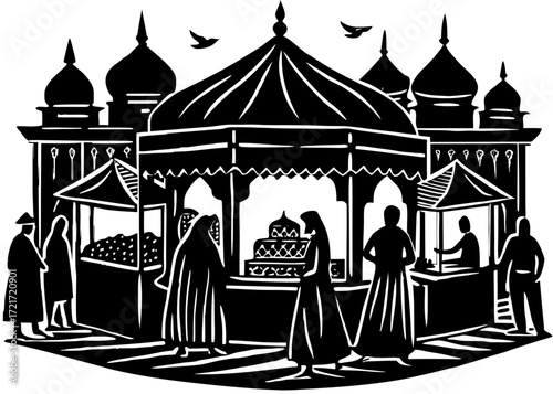 Traditional Islamic Bazaar Silhouette, Cultural Market Scene SVG, PNG