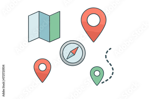 Essential navigation and travel planning elements featuring a folded map, compass, and various location pins