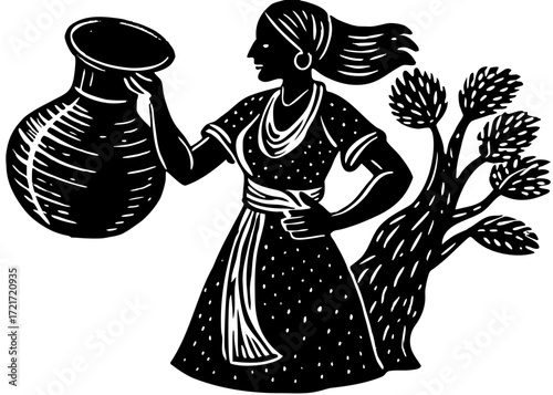 Woman Carrying Water Pot Silhouette, Traditional Cultural Life SVG, PNG
