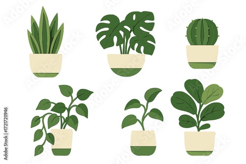 Diverse collection of green potted houseplants and succulents in a modern paper cut style on a clean white background