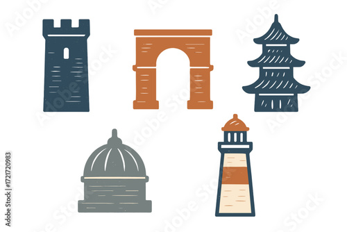 Global architectural monuments featuring ancient tower, triumphal arch, pagoda, capitol dome, and striped lighthouse