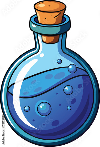 A cartoon illustration of a round glass bottle filled with blue liquid and bubbles, sealed with a cork
