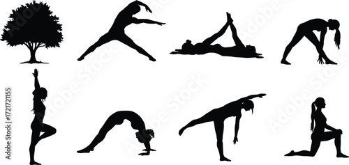 Yoga silhouette, tree symbol, meditation posture, warrior pose, flexibility exercise, black yoga figures, spiritual balance, fitness icon, calm body movement, wellness art