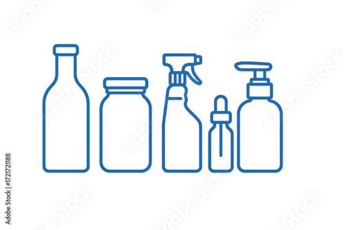 Outline icons of various packaging containers including bottles, jars, sprayers, and pump dispensers for household and cosmetic products