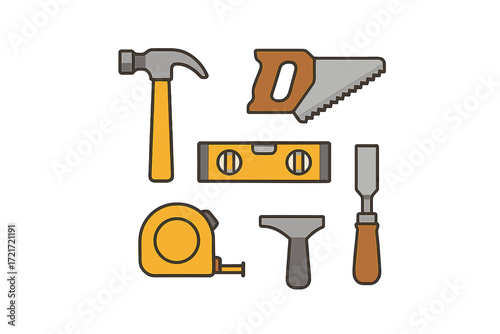 Assortment of essential carpentry and construction hand tools including hammer saw level tape measure and chisel for building and repair projects