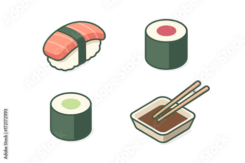 Assortment of traditional Japanese sushi, maki rolls, nigiri, and soy sauce with chopsticks in isometric style