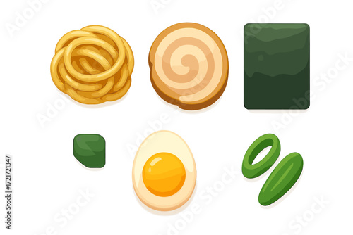 Cooked ramen noodles with soft boiled egg, nori seaweed, and fresh green scallions, a popular Japanese food