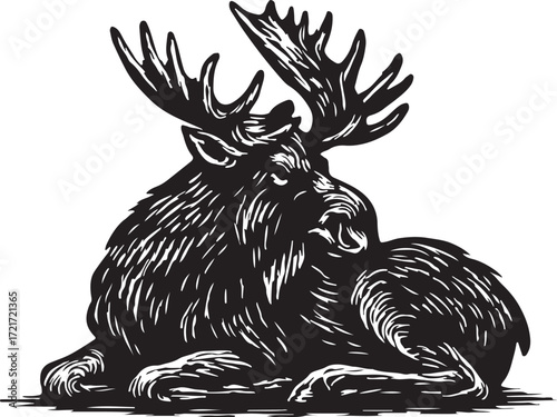 Majestic moose with impressive antlers rests calmly in a stylized black and white woodcut illustration