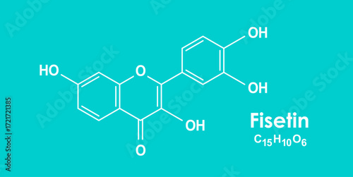 Fisetin chemical formula, molecular structure on blue background
