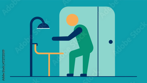 A person effortlessly getting in and out of the shower thanks to the sy shower bench and grab bars installed.. Vector illustration