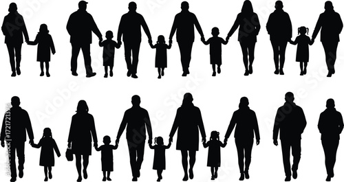 PrintSilhouette family walking together, parents with children holding hands, group lifestyle vector, outdoor activity, love, unity, people design, happiness, bonding, connection