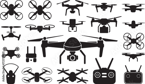 Collection drones vector set different views quadcopter equipment illustration