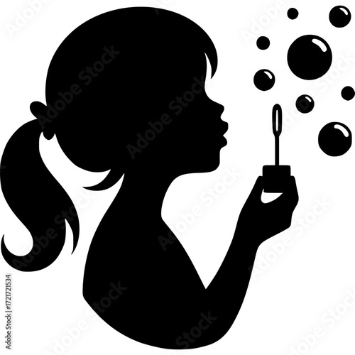 Silhouette of a Little Girl Blowing Bubbles: The silhouette of a young girl playfully blows bubbles, a classic symbol of childhood joy and imagination.
