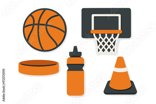 Essential sports training equipment collection with basketball, hockey puck, water bottle, and traffic cone for athletic activities