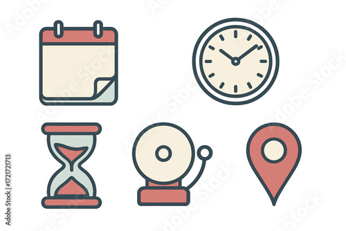 Set of essential icons for time management, scheduling, alerts, and location tracking applications and interfaces