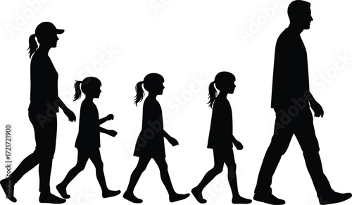 PrintSilhouette family walking together, parents with children, side view illustration, lifestyle vector design, outdoor activity, relationship, childhood, unity, community, people, togetherness