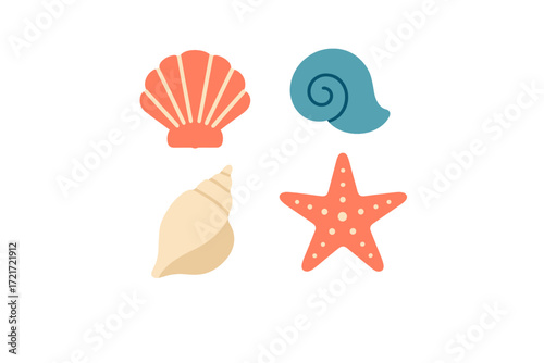Colorful ocean creatures and shells including scallop, conch, spiral shell, and starfish