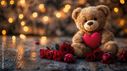 Teddy bear holding a heart-shaped gift among red roses on a rustic wooden surface with bokeh lights.