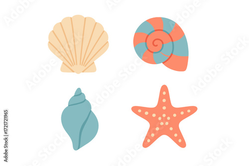 Vibrant collection of stylized seashells and a starfish in a flat design, representing ocean life and summer themes