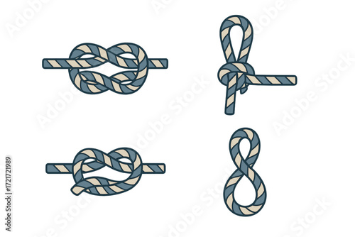 Stylized essential rope knots and loops for marine, climbing, and outdoor activities, with clear and distinct designs